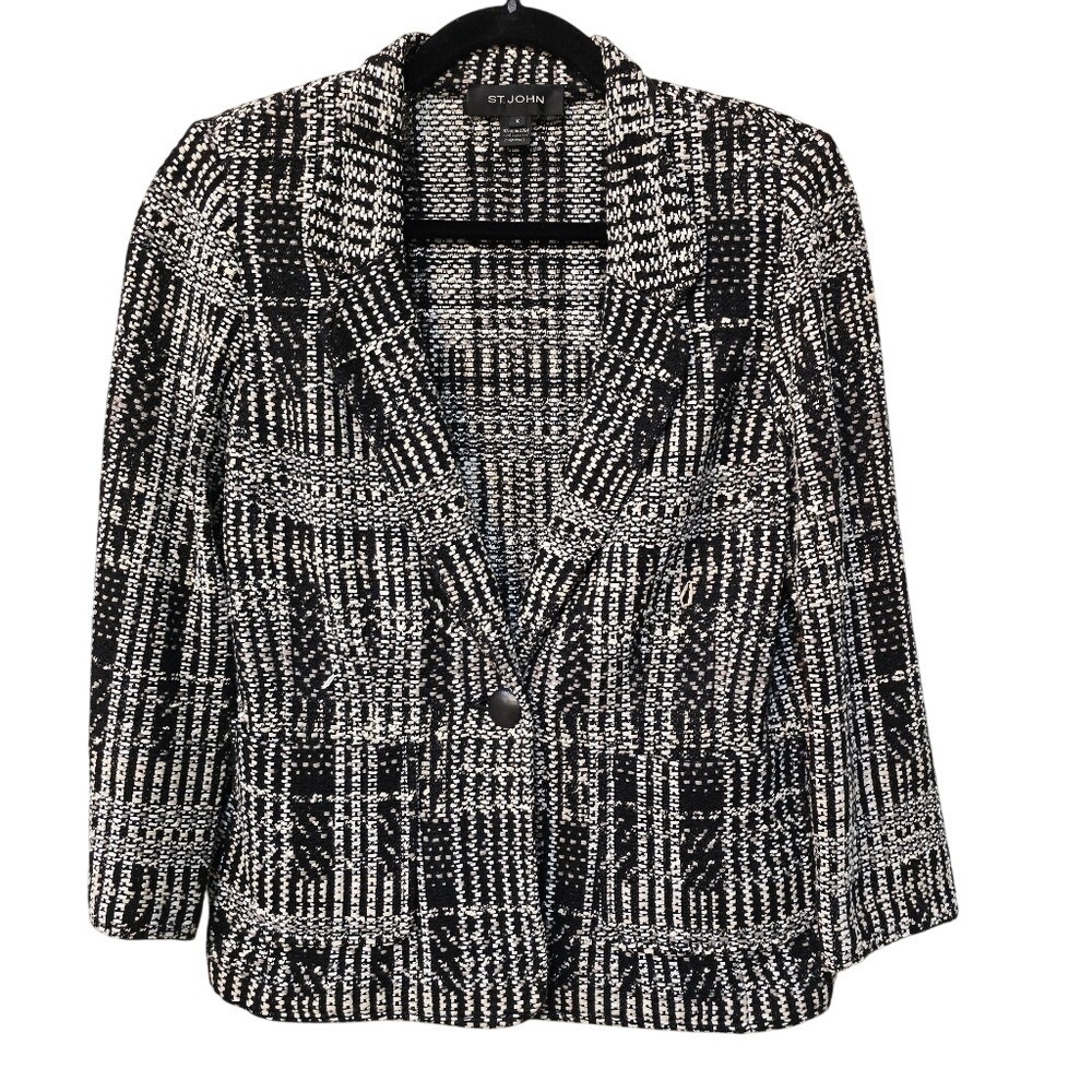 St. John Womens Black White Tweed Knit Blazer Leather Trim Jacket Size 10